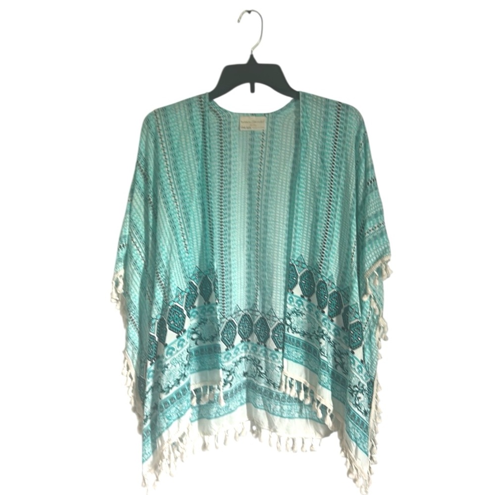 Bobbie Brooks Aqua & White Patterned Open Front Kimono White fringe One Size - Picture 2 of 14